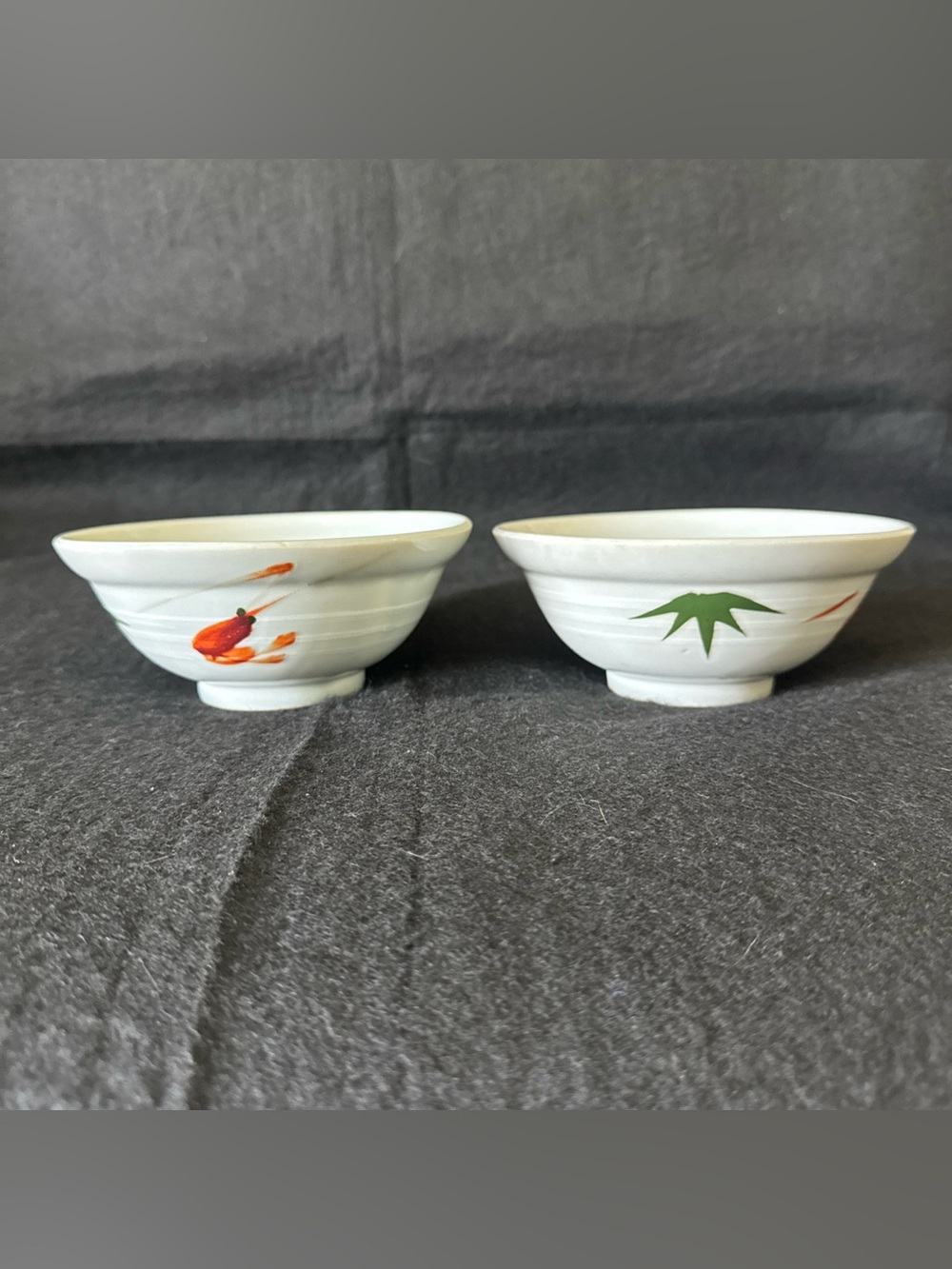 Set of 2 Vintage Japanese Painted Rice Bowls Pedestal Pottery Leaves Prawn 5.5"